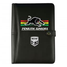 A5 compendium in black with a logo and design featuring a panther and colours of green, red, and yellow stripes.