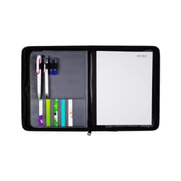 A black A5 folio featuring pens, a notepad, and colour-coded card slots inside. It has a logo on the cover.