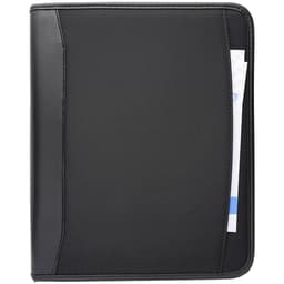 A black A5 work folio with a sleek design, featuring a pocket and holding papers inside. It has a logo on the front.