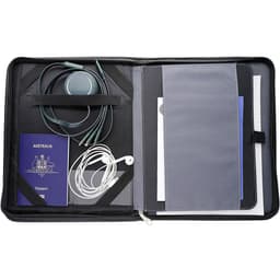 A black A5 work folio featuring a passport, earphones, and various organisational pockets.