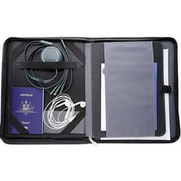 A black A5 folio containing a passport, papers, headphones, and a pocket inside.