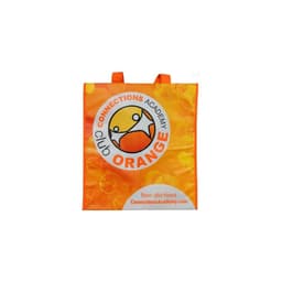 A large orange bag featuring a circular logo and text, with handles for easy carrying.