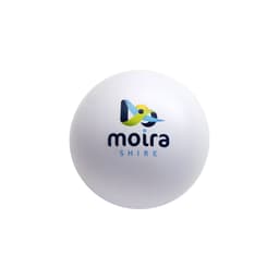 A round, white stress ball featuring a logo and branding in blue and green colours.