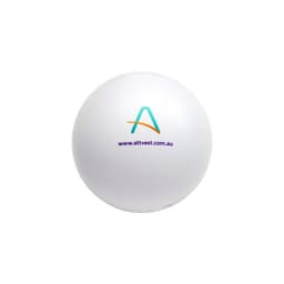 A white stress ball with a logo and text printed in blue and green.