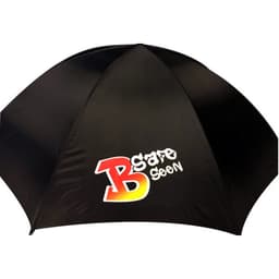 A black umbrella featuring a logo in vibrant colours. The umbrella has a classic design with a rounded canopy.