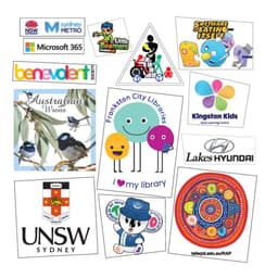 A collection of various colourful logos and stickers, including a bird illustration, library, and educational themes.