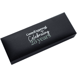 A sleek black gift box featuring a logo and celebratory text for 25 years.