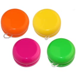A set of four colourful yo-yos in orange, yellow, pink, and green, featuring a string and a logo.