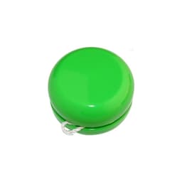 A green yo-yo with a smooth, shiny finish and a string attached. It features a logo on its surface.