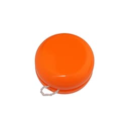 An orange yo-yo with a smooth, shiny surface and a string attached. It features a simple round design.