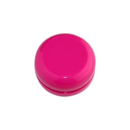 A pink yo-yo with a glossy finish, featuring a circular design and a logo on its surface.