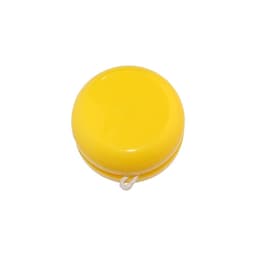 A standard yellow yo-yo with a smooth surface and a string attached.