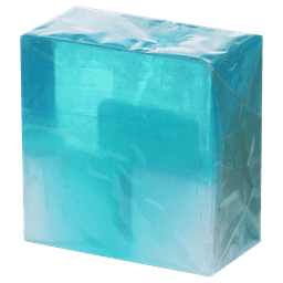 A clear soap block with a gradient of light blue to transparent, wrapped in clear packaging, featuring a logo.