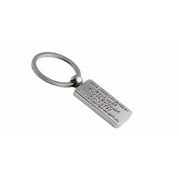 A silver 3D metal key ring featuring a rectangular tag and a circular key ring attachment.