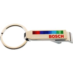 A metallic key ring with a colourful design and a logo on the side.