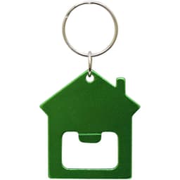 A drink bottle opener in the shape of a green house, featuring a metal keyring attachment.
