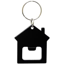 A drink bottle opener shaped like a house, featuring a black finish and a keyring attachment.