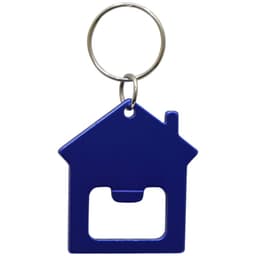 A drink bottle opener shaped like a house, featuring a keyring attachment in blue.