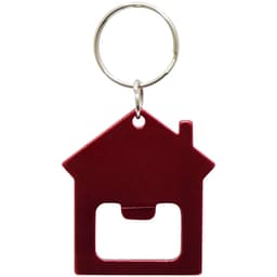 A drink bottle opener in the shape of a red house, attached to a keyring, with a small logo present.