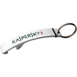A drink bottle opener in silver with a metal ring, featuring a logo on its surface.