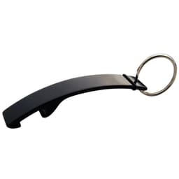 A drink bottle opener in black, featuring a curved design and a keyring attachment.
