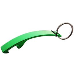 A green large bottle opener with a metal keyring attached. Features a sleek, curved design.