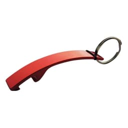 A drink bottle opener in red, featuring a keyring attached to its end. It has a simple, sleek design.