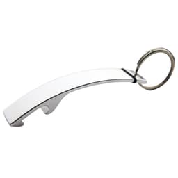 A drink bottle opener in silver with a keyring attachment and a sleek, curved design.