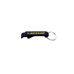 A drink bottle opener in black with a keyring attachment and a logo.