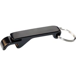 A drink bottle opener in sleek black metal design, featuring a keyring attachment for convenience.