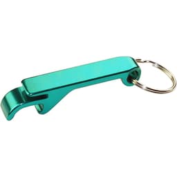 A drink bottle opener in a shiny turquoise colour, featuring a keyring attachment for easy access.