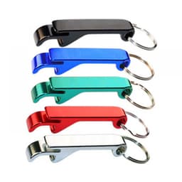 A drink bottle opener in five colours: black, blue, green, red, and silver, each with a keyring attachment.