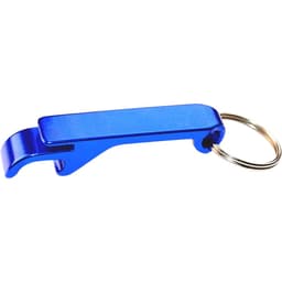 A drink bottle opener in vibrant blue metal with a keyring attachment. Simple and sleek design.
