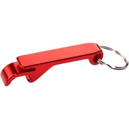 A drink bottle opener in shiny red metal, featuring a keyring attachment for easy carrying.