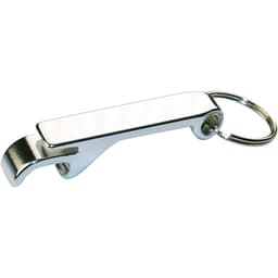 A drink bottle opener in shiny silver metal with a keyring attachment and a sleek, minimalist design.