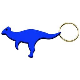 A drink bottle opener shaped like a blue kangaroo, featuring a keyring attachment.