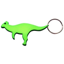 A drink bottle opener in the shape of a green kangaroo with a keyring attachment. It has a simple design.