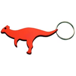 A drink bottle opener shaped like a kangaroo, featuring a bright red colour and a metal keyring attachment.