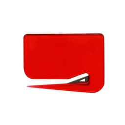 A red square letter opener with a sleek design and a pointed cutting edge. It features a branding logo.
