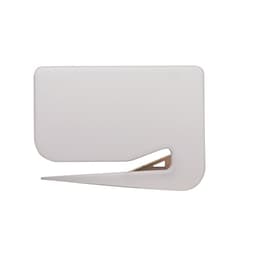A square letter opener in white with a metallic edge. It features a logo on the surface.