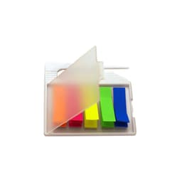 A house-shaped letter opener with colourful sticky flags in yellow, green, pink, and blue. It features a logo.