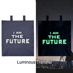 A navy non-woven sling bag with a luminous transfer design displaying text. The bag has two handles.