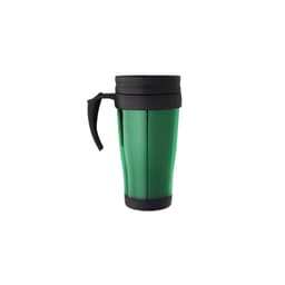 A green travel mug with a black handle and lid, featuring a sleek design and a glossy finish.