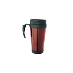 A travel mug in a glossy red finish with a black handle and lid, featuring a sleek, curved design.