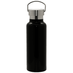 A drink bottle in black with a stainless steel lid and handle, featuring a logo on the surface.
