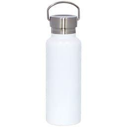 A drink bottle with a sleek white design and a stainless steel lid, featuring a metal handle and a logo.