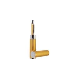 A gold aluminium pen tube with a silver pen top and a circular base, featuring a logo on its side.