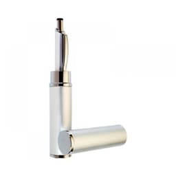 A silver aluminium pen tube with a sleek design and a polished finish, featuring a mounted pen on top.