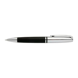 A sleek black and silver pen with a smooth finish and a clip, featuring a branding logo.