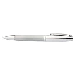 A silver pen with a textured barrel and a polished chrome clip, featuring a branding logo.